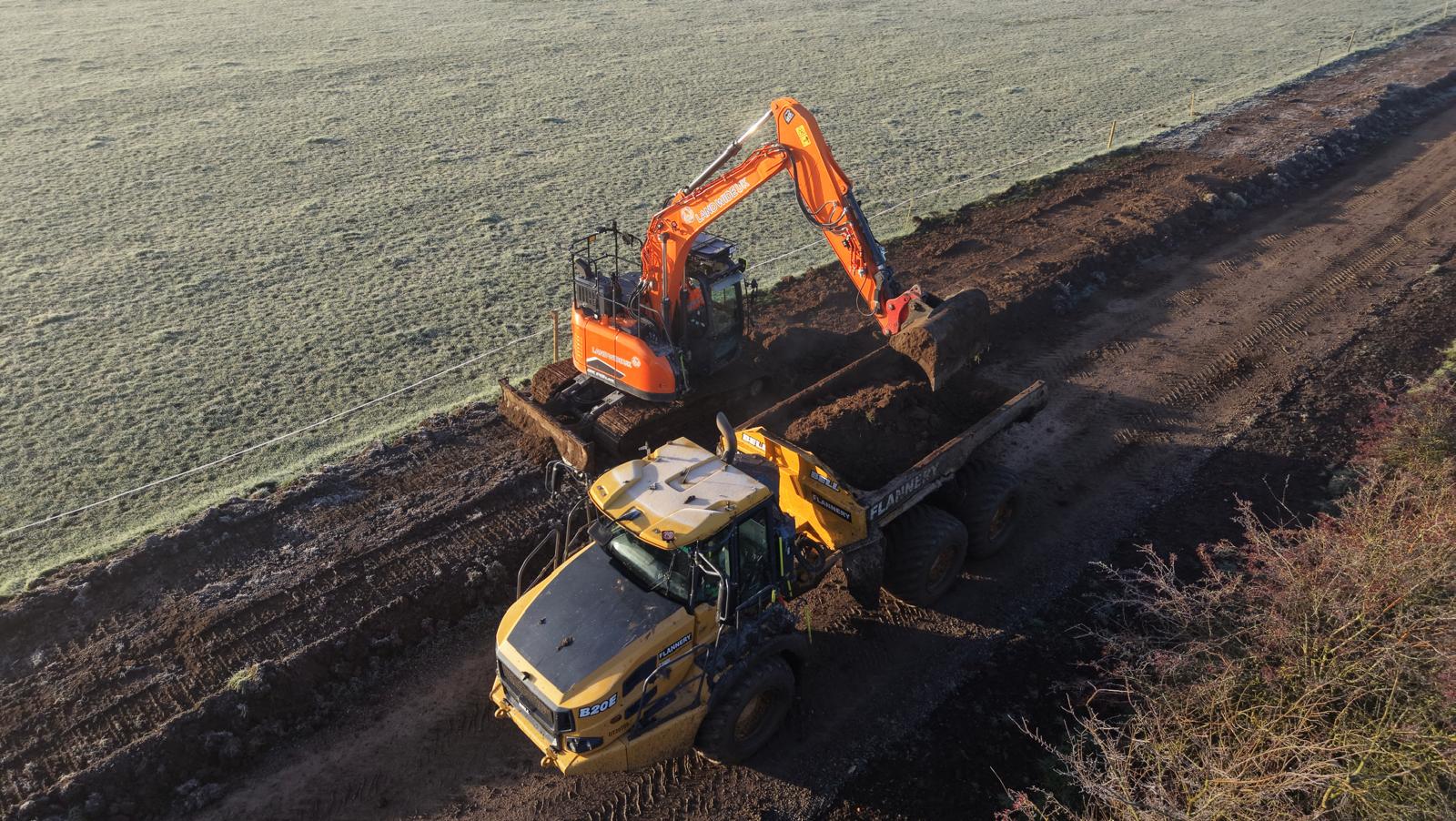Land Wide UK excavator and dump truck working on site